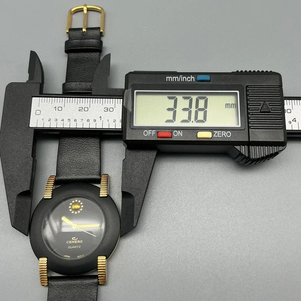 Vintage Cenere Mens Watch 34mm Black Dial Gold Tone Lugs Leather New Battery